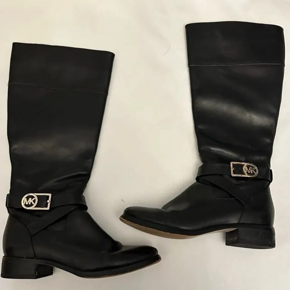 Michael Kors Bryce Black Leather Riding Boots MK Buckle Women’s